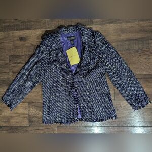 QVC Dialogue Womens Purple Black Tweed Open Waterfall Jacket Size Med NWT Frayed